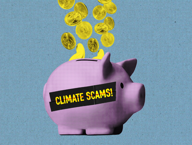 Gold coins flow into a piggy bank labelled "climate scams!"