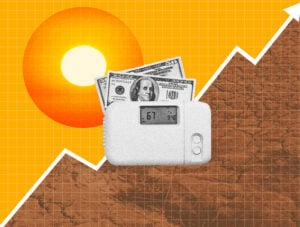 A thermostat with dollar bills, a blaring sun, and the jagged, rising line of a bar graph behind it.