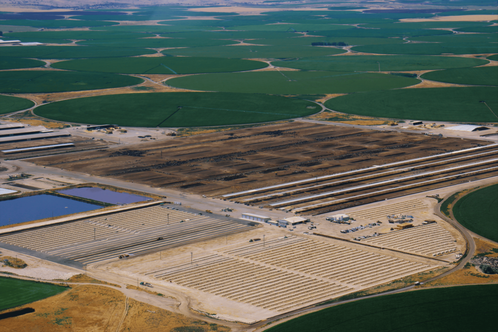 An aerial view of dozens of rows of tiny dots of calf hutches, with green fields in the background.