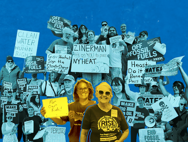 A collage of Food & Water Watch volunteers holding signs that read "Off fossil fuels" and "Make polluters Pay!"